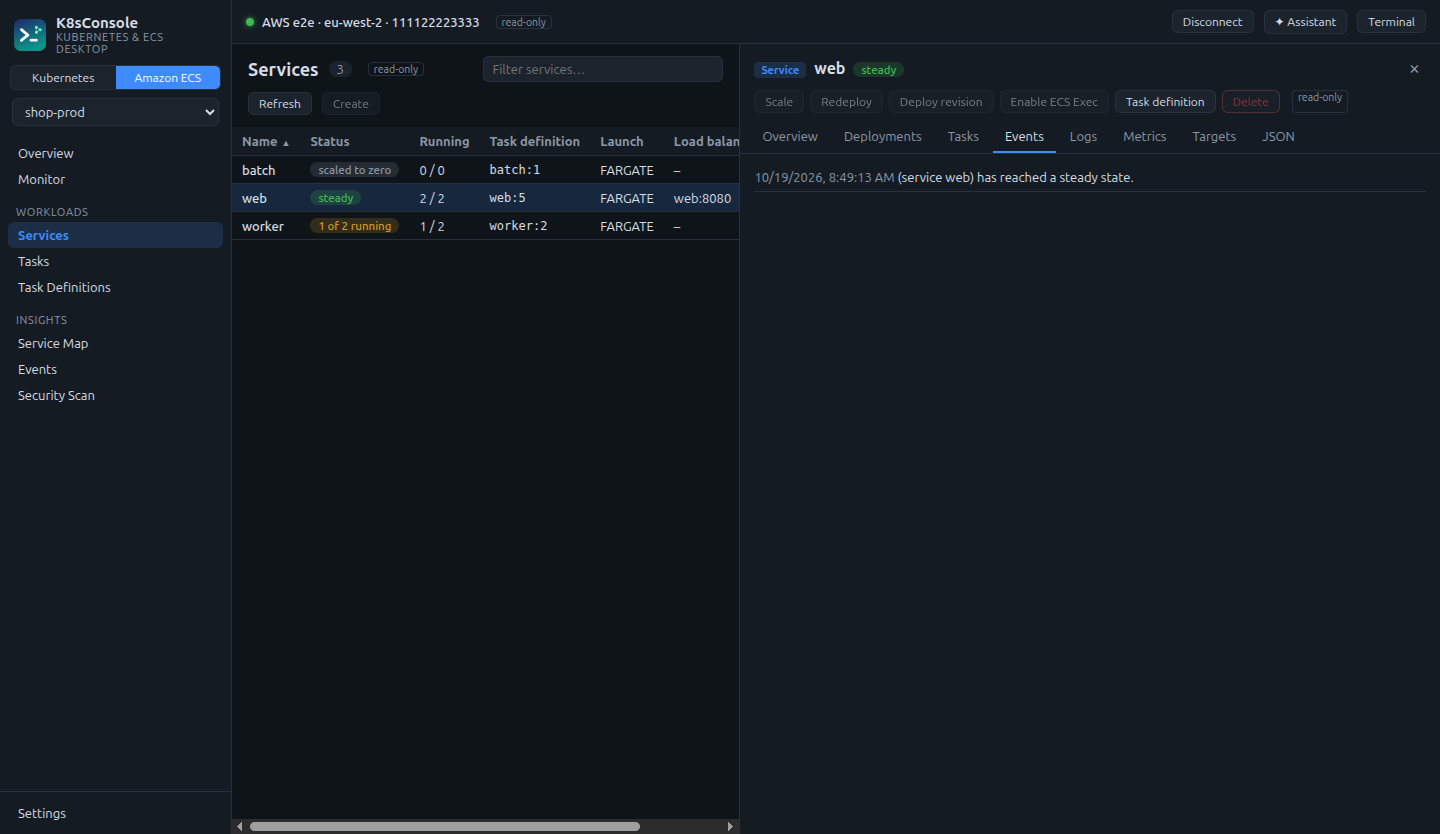 Amazon ECS services list with status and running counts, and a service details panel with deployments, tasks, events, logs, metrics and targets tabs