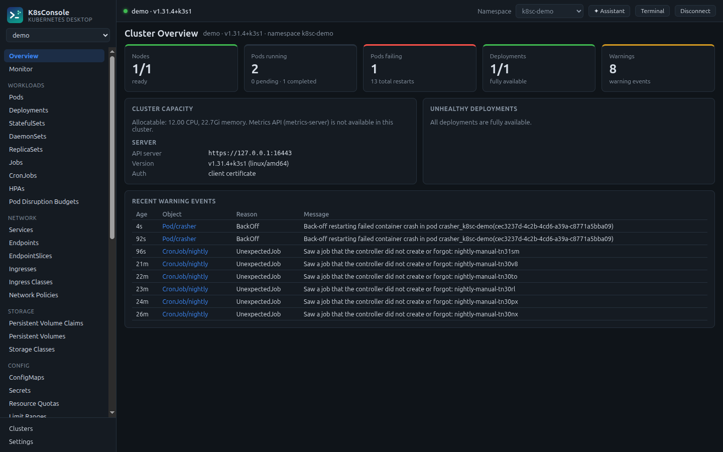 K8sConsole cluster overview with node readiness, pod health, deployment availability, capacity and recent warning events