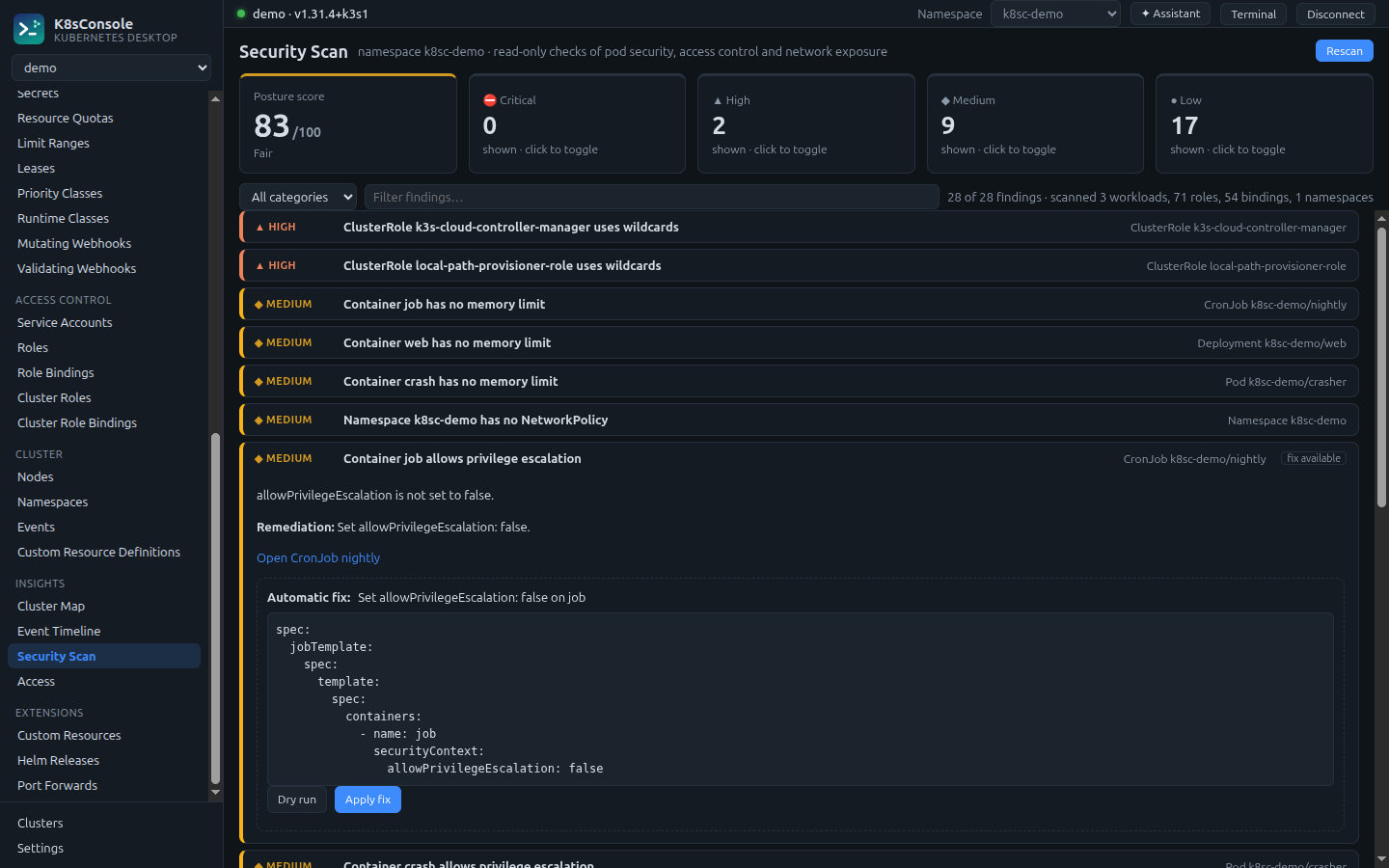 Security Scan with a posture score, severity counts and an expanded finding offering an automatic fix