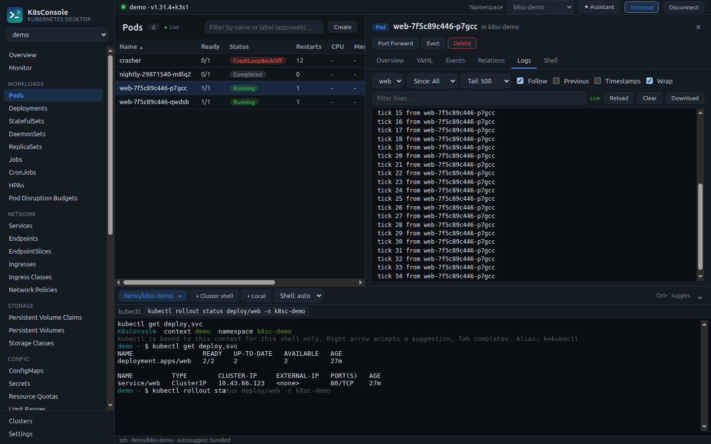 Integrated terminal with an inline kubectl suggestion and a suggestion bar